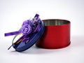 Open Metal round red gift box with violet ribbon on top isolated on white background ,purple on top Royalty Free Stock Photo