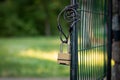 Open metal territory gate. Padlock with chain Royalty Free Stock Photo
