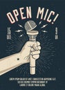 Open Microphone event party session poster flyer template. Vintage styled vector illustration