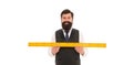 Open mind for different view. School teacher. Size really matters. Man bearded hipster holding ruler. Measure length