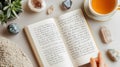 Open Mindfulness Journal with Handwritten Notes Surrounded by Crystals and Tea on a Light Surface for Calm and Reflection Royalty Free Stock Photo