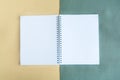Open mockup notepad on geometric grey and yellow background