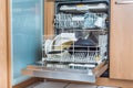 Open modern dishwasher with messy dishes  in the kitchen Royalty Free Stock Photo