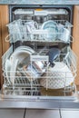 Open modern dishwasher with messy dishes  in the kitchen Royalty Free Stock Photo