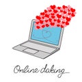 Open Modern Laptop Blue Screen Pink Red Hearts Calligraphic Hand Lettering Online Dating. Vector Illustration Social Communication