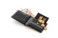 Open money purse with a few euro coins and notes, cash check, debt and poverty in the economic crisis affected by coronavirus, Royalty Free Stock Photo