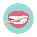 Open mouth with bamboo toothbrush isolated on green background. Teeth cleaning and oral hygiene and dental care concept.