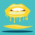 Open mouth with biting yellow lips melts and flows against a turquoise background