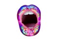 Open mouth. Colorful female lips. Space lipstick. Lips icon on white background. Pride icon. Sexy mouth