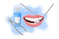 Open Mouth with Dental Tools and Bottle of Oral Rinse or Mouthwash for Oral Hygiene Vector Composition