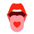 Open mouth with protruding tongue and shape heart, symbol love. Woman shows pink healthy tongue. Red lips, lick