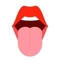 Open mouth with protruding tongue. Woman shows pink healthy tongue. Red lips, lick. Vector illustration