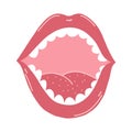 Open mouth with teeth in cartoon flat style. Hand drawn vector illustration of human lips and tongue for stickers, web Royalty Free Stock Photo