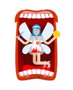 Open mouth and tooth fairy. Coin exchange for tooth