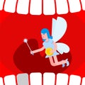 Open mouth and tooth fairy. Coin exchange for tooth