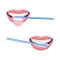 Open Mouth with Toothbrush Scrubbing and Cleaning Teeth and Tongue Vector Set Royalty Free Stock Photo