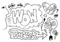 Open mouth and WOW Message in hand graffiti art style, background, poster. doodle design elements, vector illustration Royalty Free Stock Photo