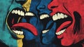 Open Mouths Loud Voices A vibrant illustration depicting four open mouths symbolizing communication expression conflict