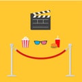 Open movie clapper board 3D glasses popcorn soda hamburger template icon. Red rope barrier stanchions turnstile Flat design style Royalty Free Stock Photo