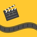 Open movie clapper board template icon. Film strip border. Cinema movie night icon in flat design style. Yellow background. Royalty Free Stock Photo