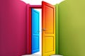 Open multicolored doors set. Creative concept of choice options. Generative AI illustration.