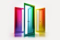 Open multicolored doors set on white background. Creative concept of choice options. Generative AI illustration