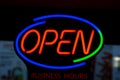 An OPEN neon sign at glowing at night at a restaurant Royalty Free Stock Photo