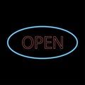 Open neon signborad. Illuminated signage. Glowing colorful door sign. Vector.