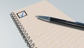An open notebook with a ballpoint pen and a check mark. 3D rendering Royalty Free Stock Photo