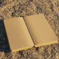 An open notebook with blank, brown pages lies on a rough, textured concrete surface. Royalty Free Stock Photo