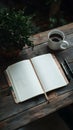 Open notebook with blank pages amidst wooden kitchen items