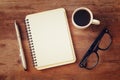 open notebook with blank pages next to cup of coffee Royalty Free Stock Photo