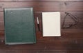 Open Notebook With Blank Pages, Pen, Leather Folder And Glasses Royalty Free Stock Photo