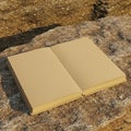 An open notebook with blank pages rests on a textured rock surface. The pages are ligh Royalty Free Stock Photo