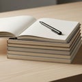 Open notebook with blank white pages rests on top with a black pen placed Royalty Free Stock Photo