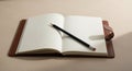Open notebook with a brown leather cover, resting on a light wooden surface. The pages are blank Royalty Free Stock Photo