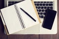Open notebook, cell phone and laptop Royalty Free Stock Photo
