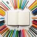 Surrounded by an array of colored pencils arranged in a circular Royalty Free Stock Photo