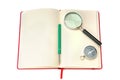 Open notebook with compass, magnifying glass and free space for text Royalty Free Stock Photo