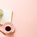 Open notebook, cup of tea, dry flowers on pink background Royalty Free Stock Photo