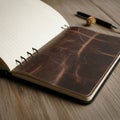 Open notebook with a dark brown leather cover featuring visible Royalty Free Stock Photo