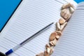 An open notebook, diary or planner containing an open blue pen with marine fossils and shells and blank pages in a line on the Royalty Free Stock Photo