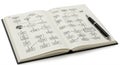 Open notebook displaying a hand-drawn flowchart spanning two pages. The flowchart Royalty Free Stock Photo