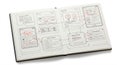 Open notebook displaying wireframe sketches of user interfaces. Pages include Royalty Free Stock Photo