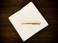 An open notebook with a golden pen on a wooden background.