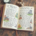 Open Notebook with Handwritten Text and Sketches Royalty Free Stock Photo