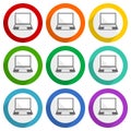 Open notebook, laptop, mobile computer vector icons, set of colorful flat design buttons for webdesign and mobile applications Royalty Free Stock Photo
