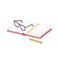 Open notebook lies on the table with glasses and a pencil. Vector illustration isolated on a white background Royalty Free Stock Photo