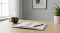 Open notebook on a light wooden table with a pencil resting on it. To the left, a steaming black Royalty Free Stock Photo