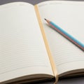 Open notebook with lined pages and a light blue pencil resting on it Royalty Free Stock Photo